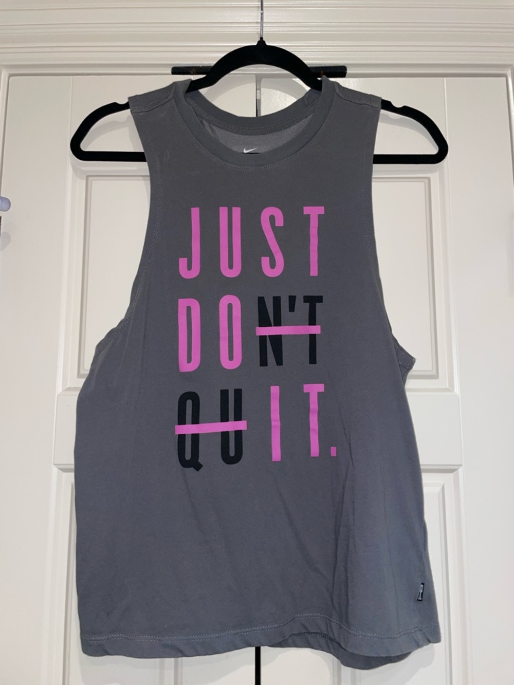 Nike Gray Sleeveless Tank with Pink and Black 'Just Don't Quit' Graphic